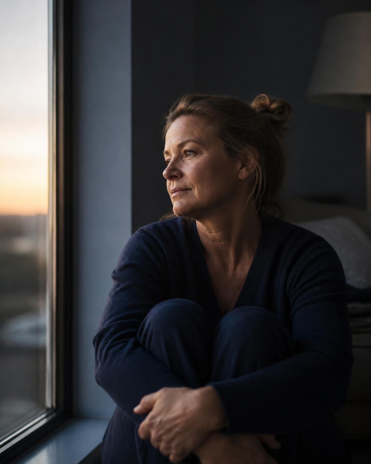 A woman sitting quietly by a window at first light, thinking about who she is now.