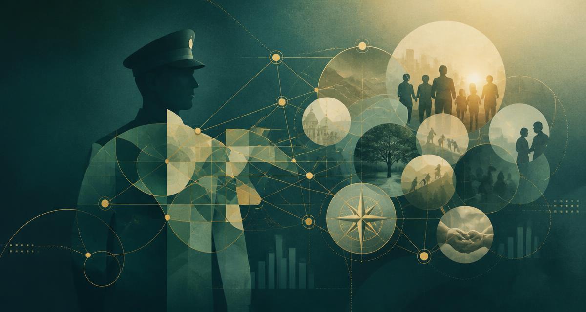 Abstract AURIS artwork: a uniformed silhouette dissolving into overlapping circles of community and purpose, connected by fine gold research linework