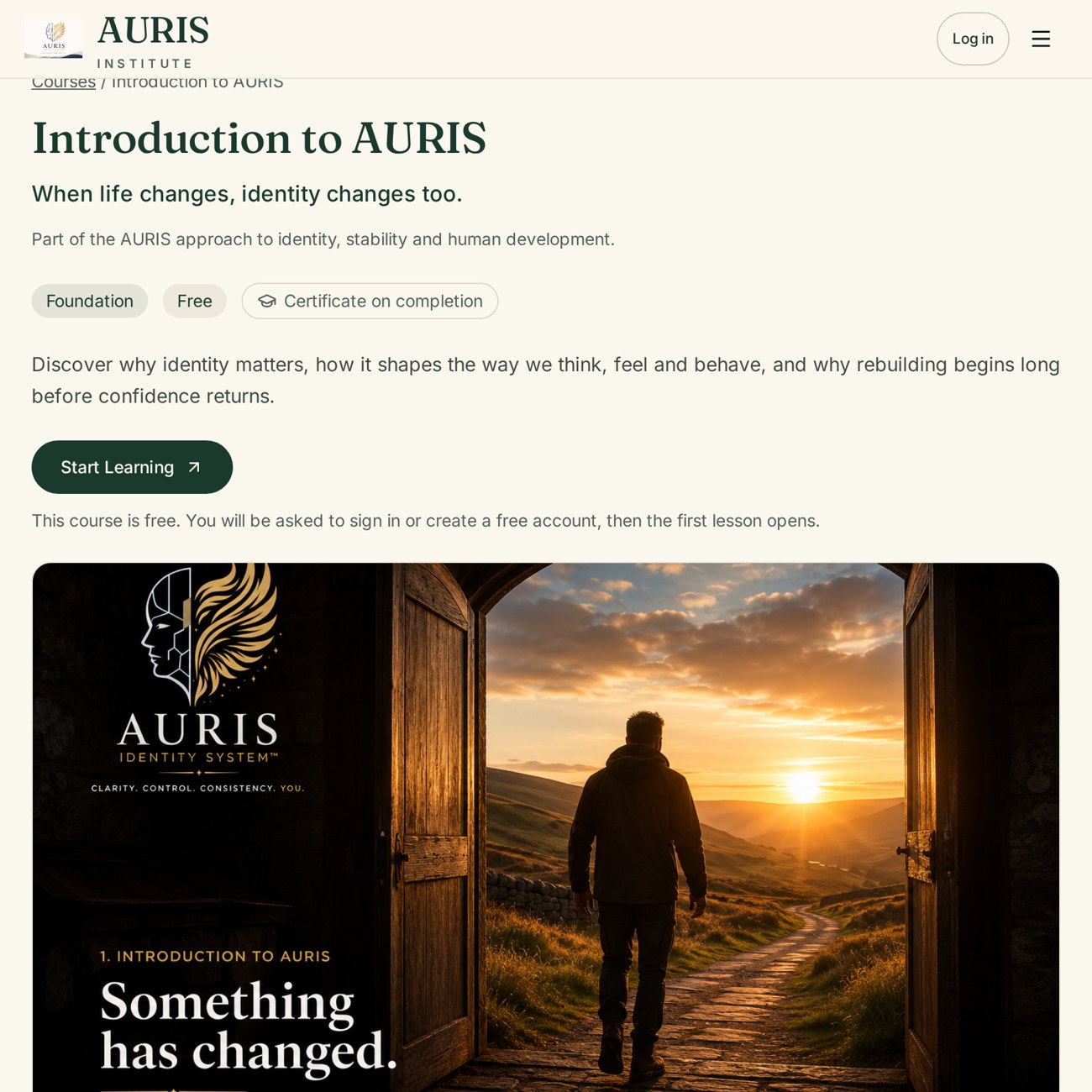 The Introduction to AURIS course page, showing that it is a free foundation course with a certificate on completion and a start learning action.