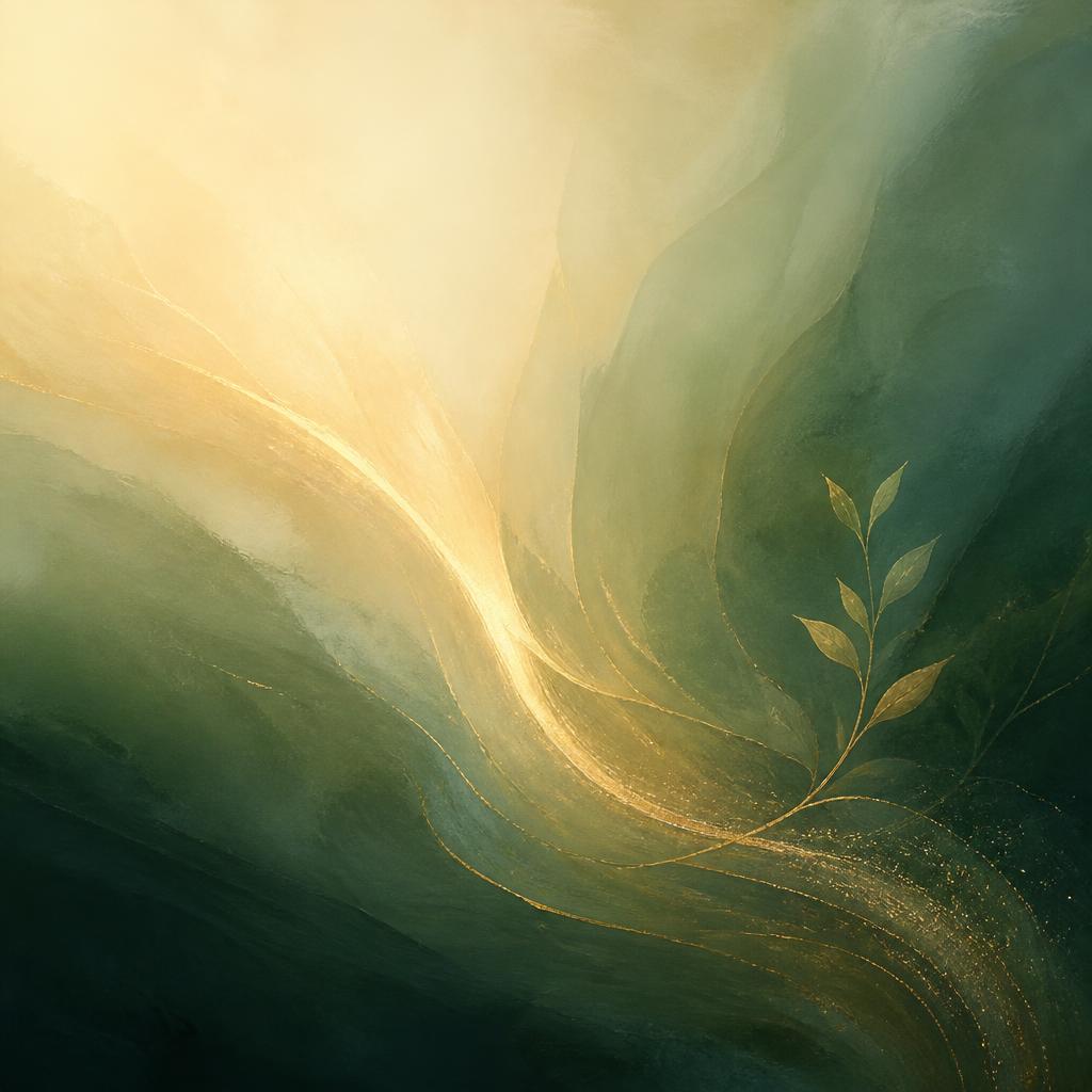 Abstract painterly composition in cream, forest green and gold evoking belonging and renewal